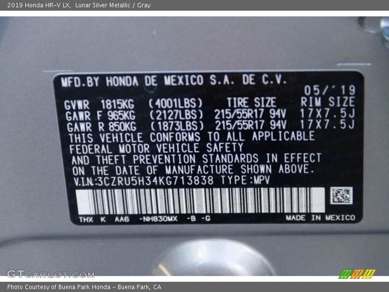 Lunar Silver Metallic / Gray 2019 Honda HR-V LX