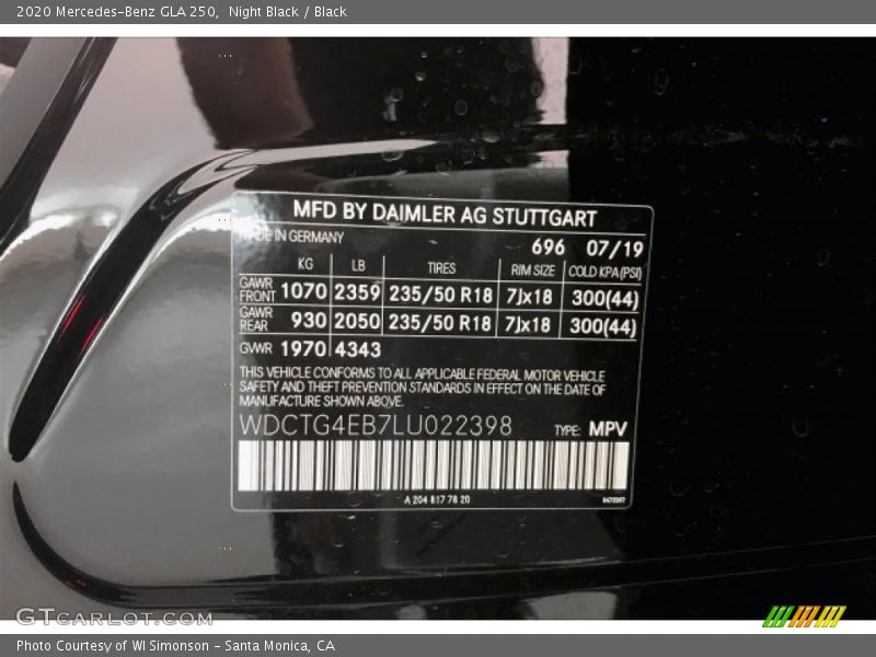 Night Black / Black 2020 Mercedes-Benz GLA 250