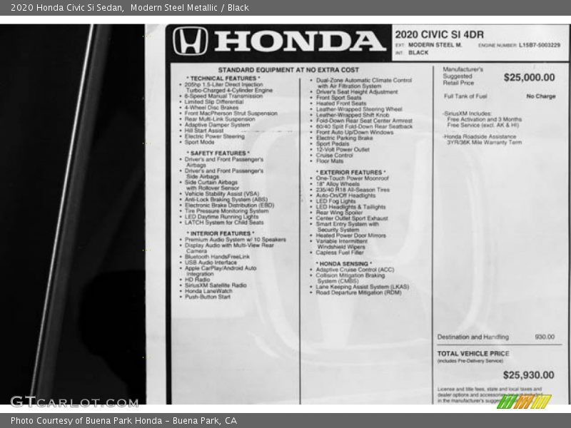Modern Steel Metallic / Black 2020 Honda Civic Si Sedan