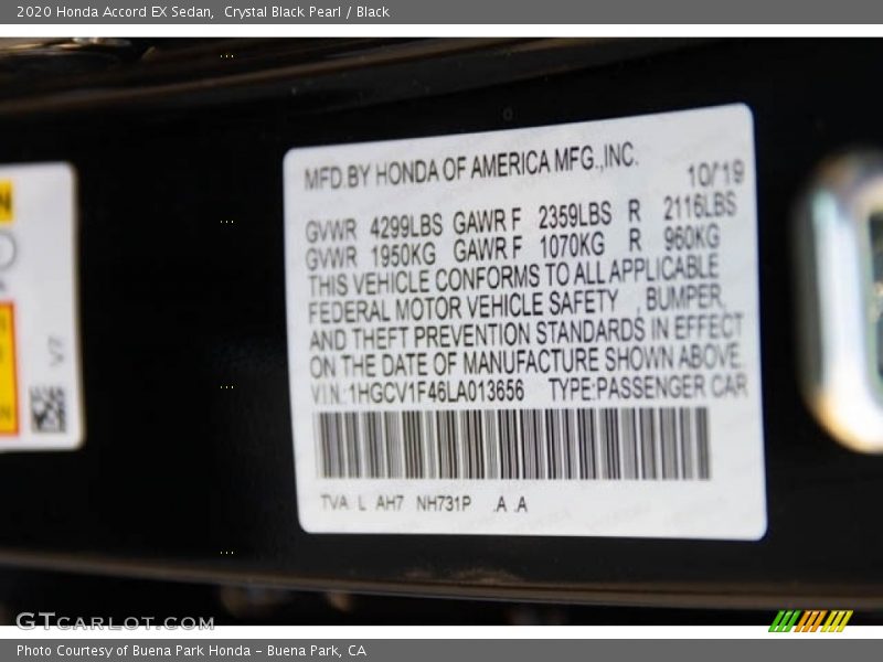 2020 Accord EX Sedan Crystal Black Pearl Color Code NH731P