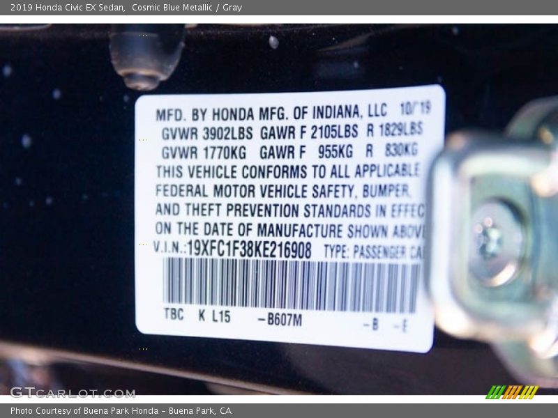 Cosmic Blue Metallic / Gray 2019 Honda Civic EX Sedan