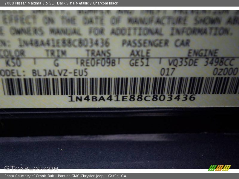 Dark Slate Metallic / Charcoal Black 2008 Nissan Maxima 3.5 SE