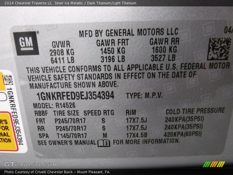 Silver Ice Metallic / Dark Titanium/Light Titanium 2014 Chevrolet Traverse LS