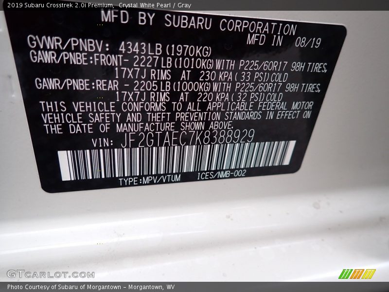 Crystal White Pearl / Gray 2019 Subaru Crosstrek 2.0i Premium