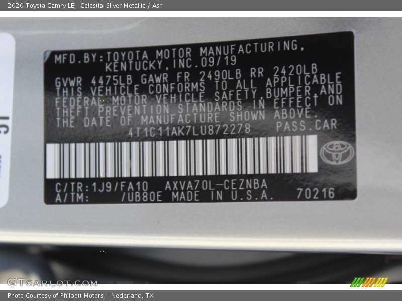 Celestial Silver Metallic / Ash 2020 Toyota Camry LE