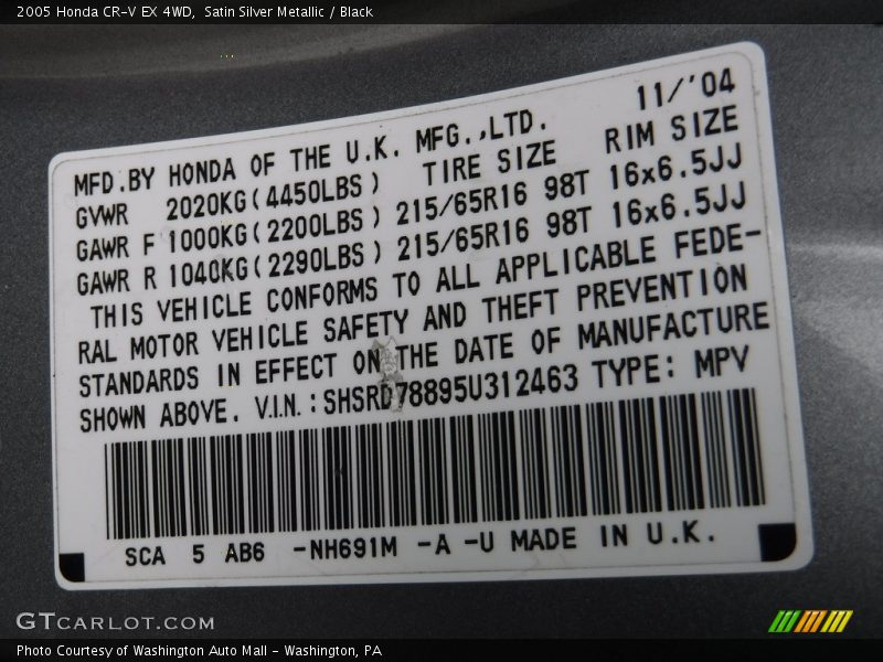 Satin Silver Metallic / Black 2005 Honda CR-V EX 4WD