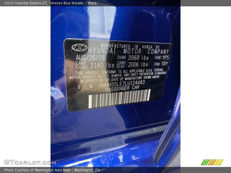 2020 Elantra GT  Intense Blue Metallic Color Code YP5
