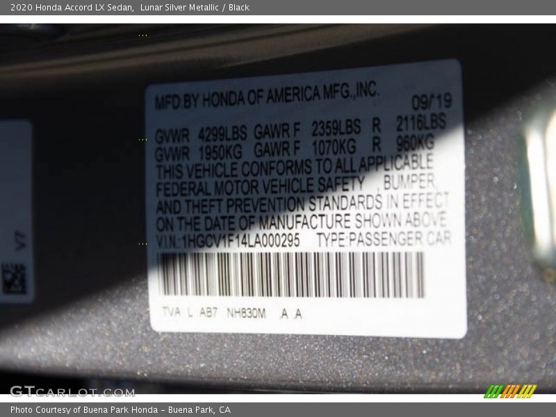 Lunar Silver Metallic / Black 2020 Honda Accord LX Sedan