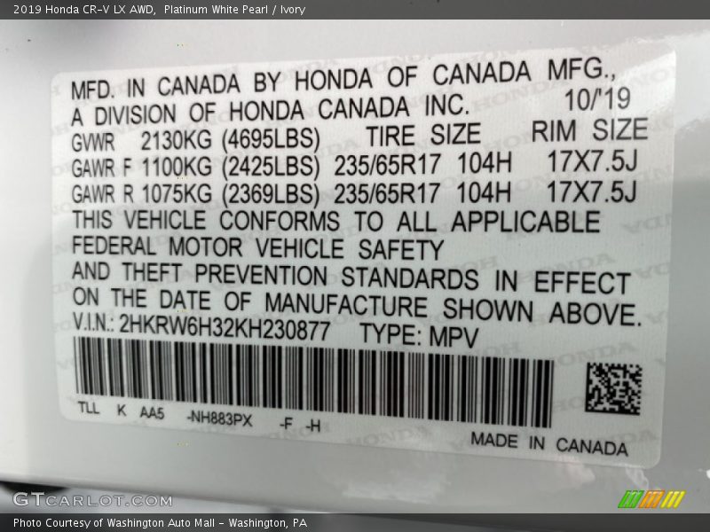 Platinum White Pearl / Ivory 2019 Honda CR-V LX AWD