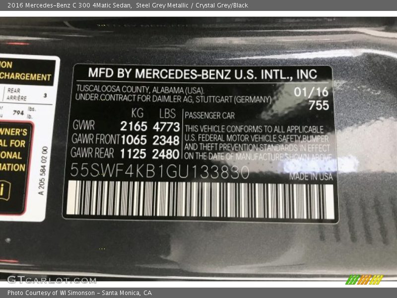 Steel Grey Metallic / Crystal Grey/Black 2016 Mercedes-Benz C 300 4Matic Sedan