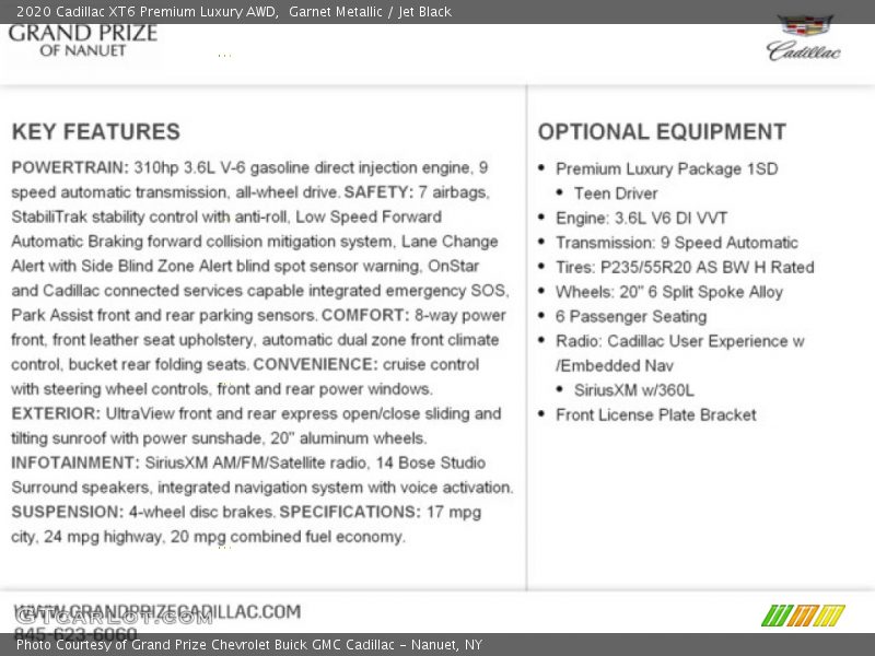 Garnet Metallic / Jet Black 2020 Cadillac XT6 Premium Luxury AWD