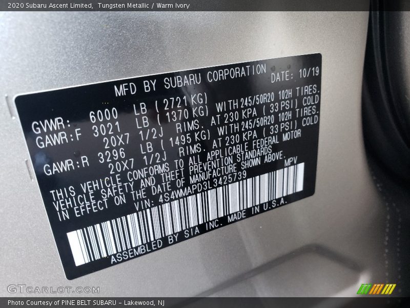 Tungsten Metallic / Warm Ivory 2020 Subaru Ascent Limited