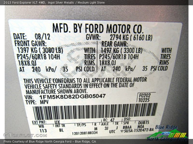 Ingot Silver Metallic / Medium Light Stone 2013 Ford Explorer XLT 4WD