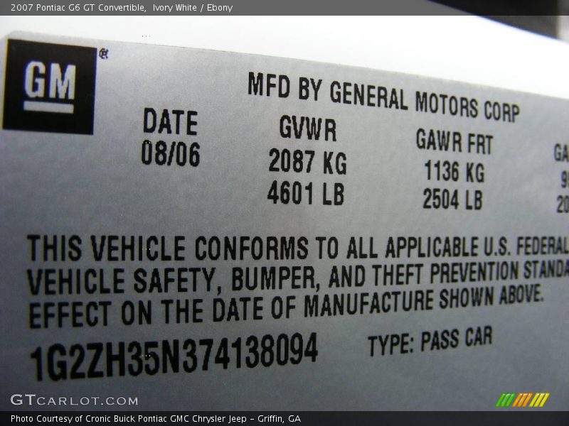 Ivory White / Ebony 2007 Pontiac G6 GT Convertible
