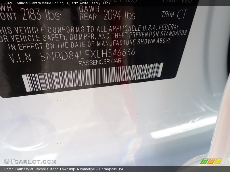 Quartz White Pearl / Black 2020 Hyundai Elantra Value Edition
