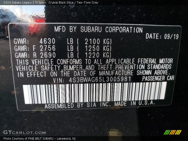 Crystal Black Silica / Two-Tone Gray 2020 Subaru Legacy 2.5i Sport