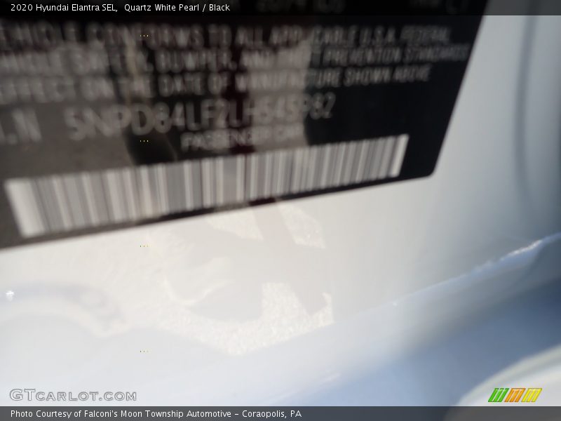 Quartz White Pearl / Black 2020 Hyundai Elantra SEL