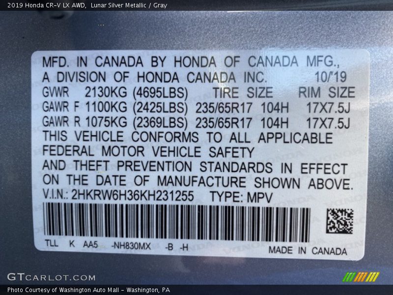 Lunar Silver Metallic / Gray 2019 Honda CR-V LX AWD