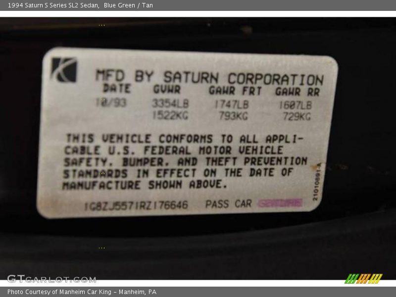 Blue Green / Tan 1994 Saturn S Series SL2 Sedan