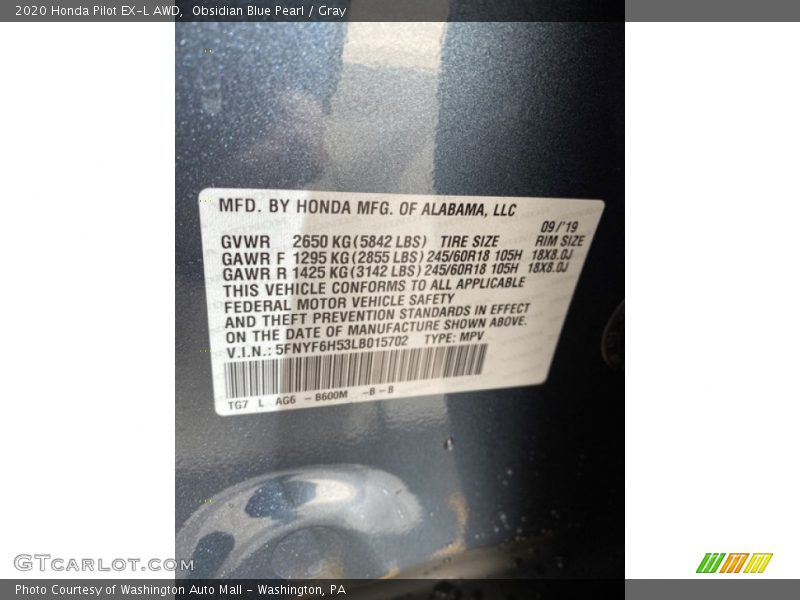 Obsidian Blue Pearl / Gray 2020 Honda Pilot EX-L AWD