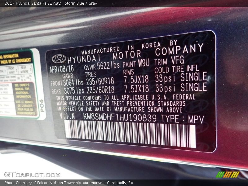 Storm Blue / Gray 2017 Hyundai Santa Fe SE AWD
