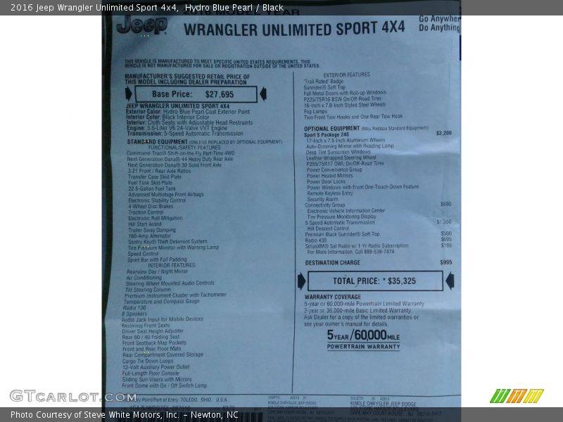 Hydro Blue Pearl / Black 2016 Jeep Wrangler Unlimited Sport 4x4