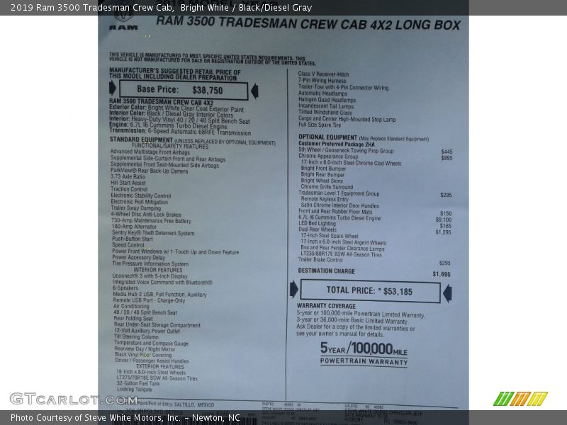 Bright White / Black/Diesel Gray 2019 Ram 3500 Tradesman Crew Cab