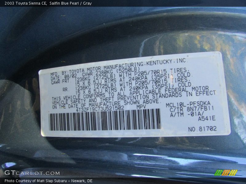 Sailfin Blue Pearl / Gray 2003 Toyota Sienna CE