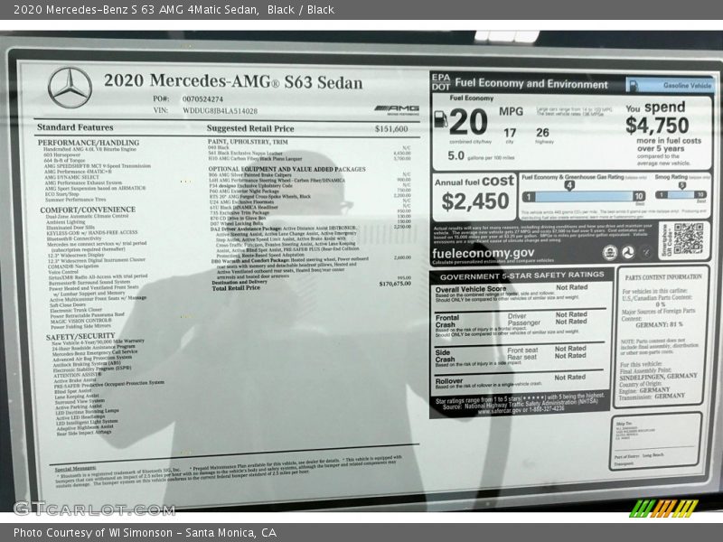  2020 S 63 AMG 4Matic Sedan Window Sticker