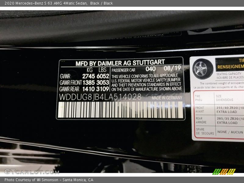 2020 S 63 AMG 4Matic Sedan Black Color Code 040