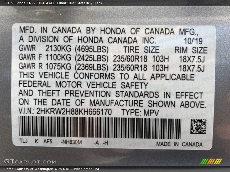 Lunar Silver Metallic / Black 2019 Honda CR-V EX-L AWD