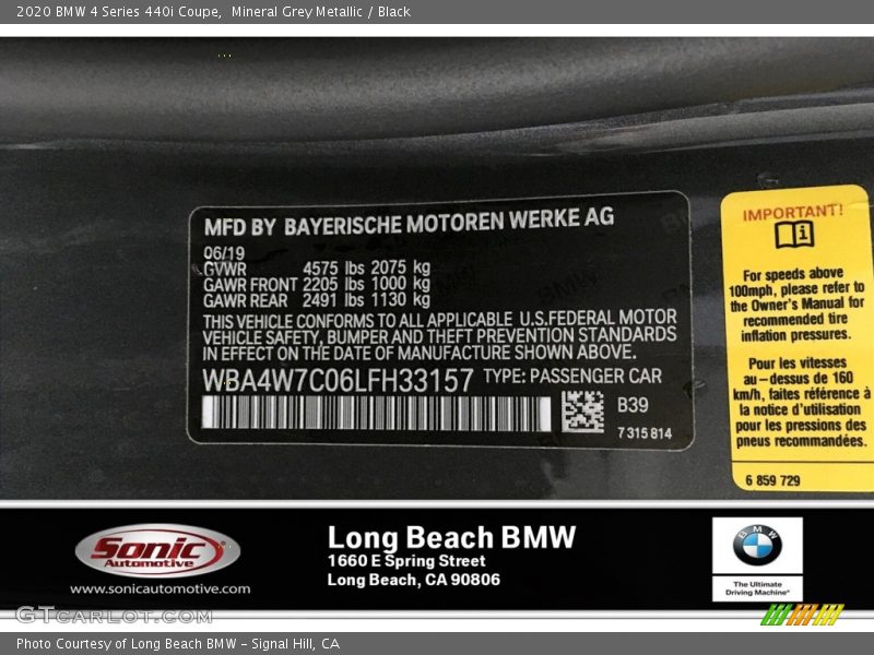 Mineral Grey Metallic / Black 2020 BMW 4 Series 440i Coupe