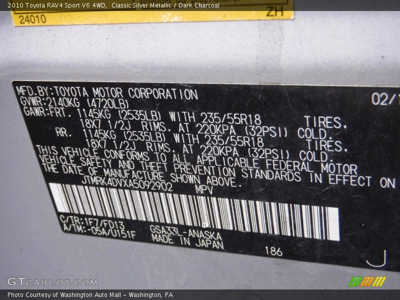 Classic Silver Metallic / Dark Charcoal 2010 Toyota RAV4 Sport V6 4WD