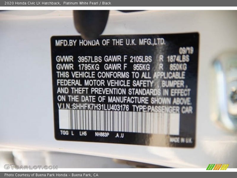 Platinum White Pearl / Black 2020 Honda Civic LX Hatchback