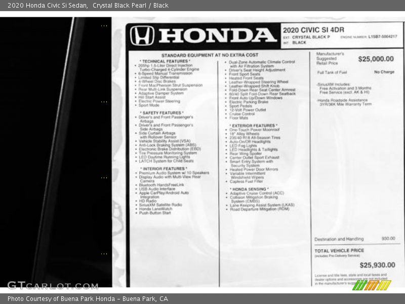 Crystal Black Pearl / Black 2020 Honda Civic Si Sedan