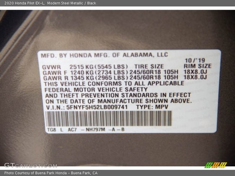 Modern Steel Metallic / Black 2020 Honda Pilot EX-L