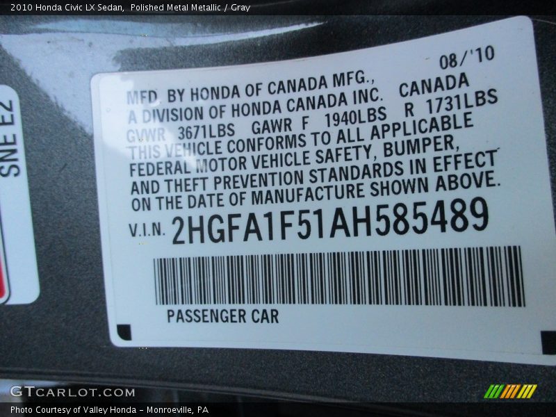 Polished Metal Metallic / Gray 2010 Honda Civic LX Sedan