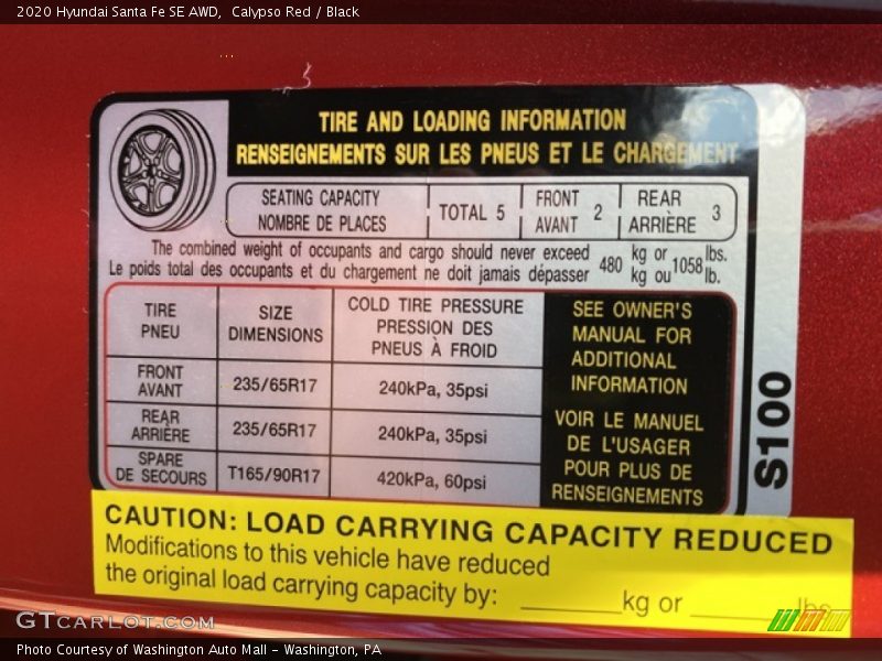 Info Tag of 2020 Santa Fe SE AWD