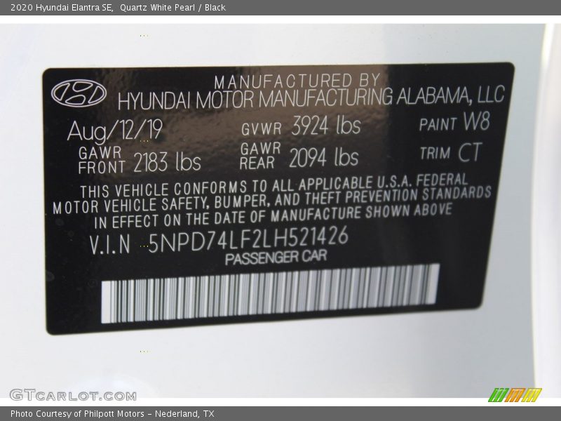 Quartz White Pearl / Black 2020 Hyundai Elantra SE