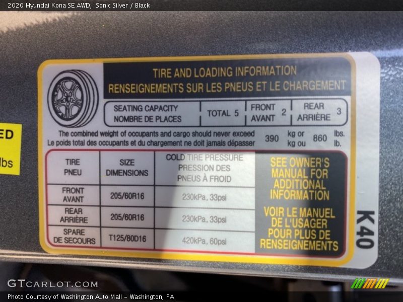 Sonic Silver / Black 2020 Hyundai Kona SE AWD