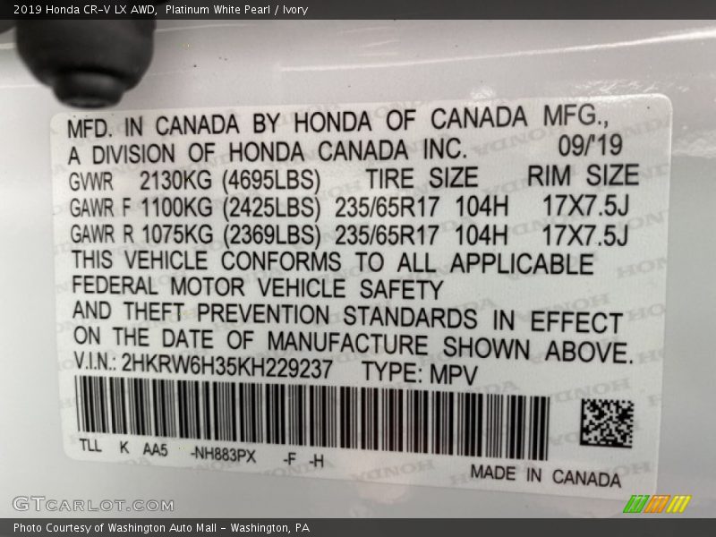 Platinum White Pearl / Ivory 2019 Honda CR-V LX AWD