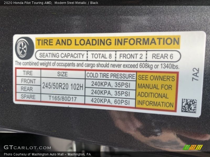 Info Tag of 2020 Pilot Touring AWD