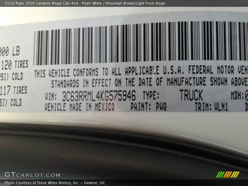 2019 3500 Laramie Mega Cab 4x4 Pearl White Color Code PWQ