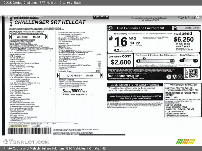  2018 Challenger SRT Hellcat Window Sticker