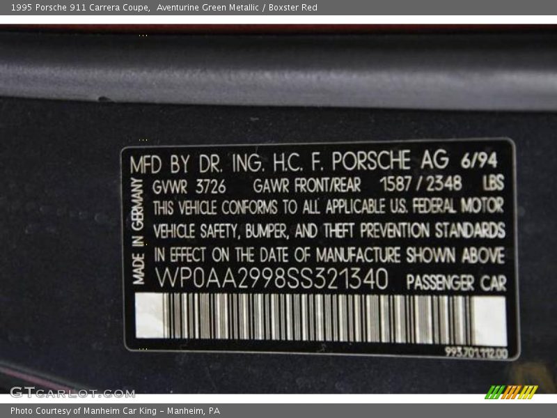 Aventurine Green Metallic / Boxster Red 1995 Porsche 911 Carrera Coupe