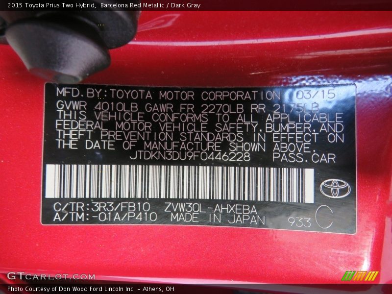 Barcelona Red Metallic / Dark Gray 2015 Toyota Prius Two Hybrid