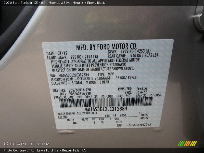 Moondust Silver Metallic / Ebony Black 2020 Ford EcoSport SE 4WD