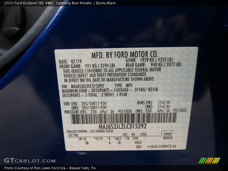 Lightning Blue Metallic / Ebony Black 2020 Ford EcoSport SES 4WD