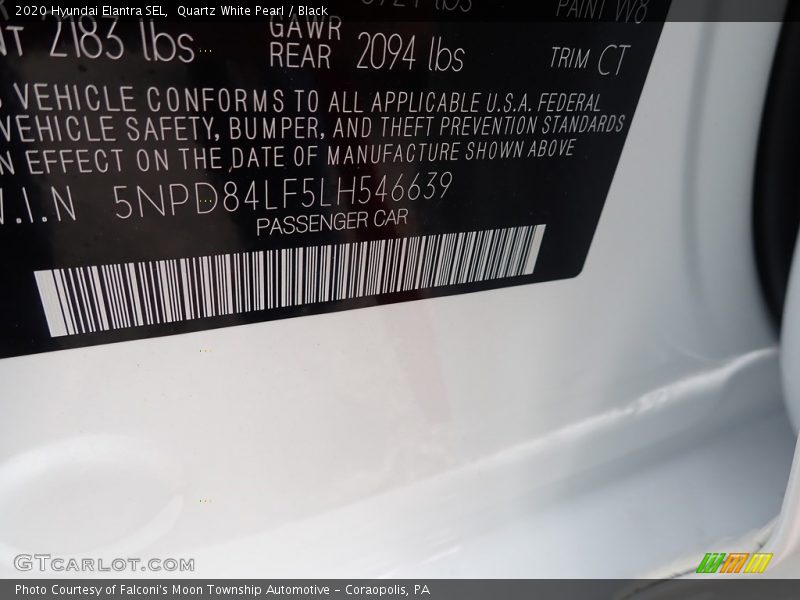 Quartz White Pearl / Black 2020 Hyundai Elantra SEL