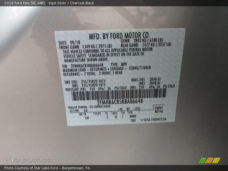 2019 Flex SEL AWD Ingot Silver Color Code UX